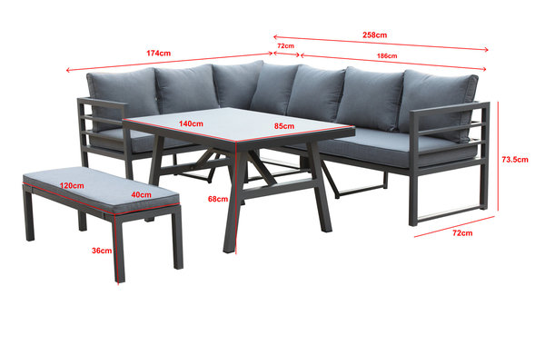 XL Alu Dining Eck-Lounge Set Java / Schenkel variabel stellbar / Sunbrella® Bezug 100% Wetterfest
